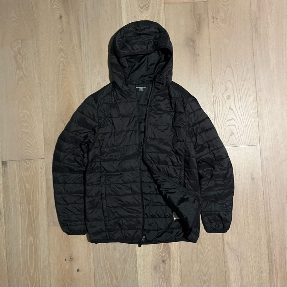 Vintage 2010s Amazon essentials Puffer Jacket Black Quilted Hooded Lightweight